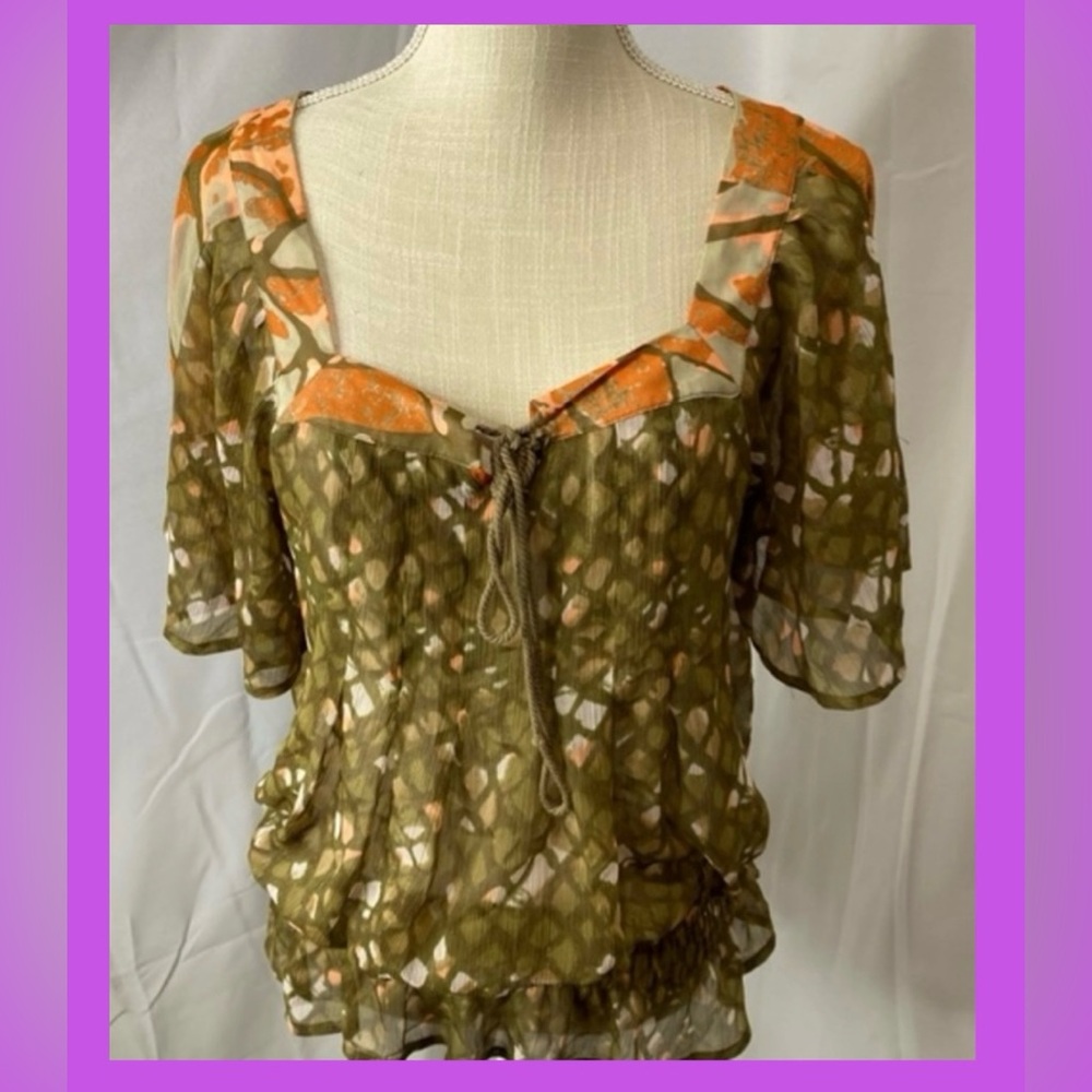 New DKNY Jeans women’s sheer metallic peplum Far Out Safari green/orange top - Picture 1 of 2